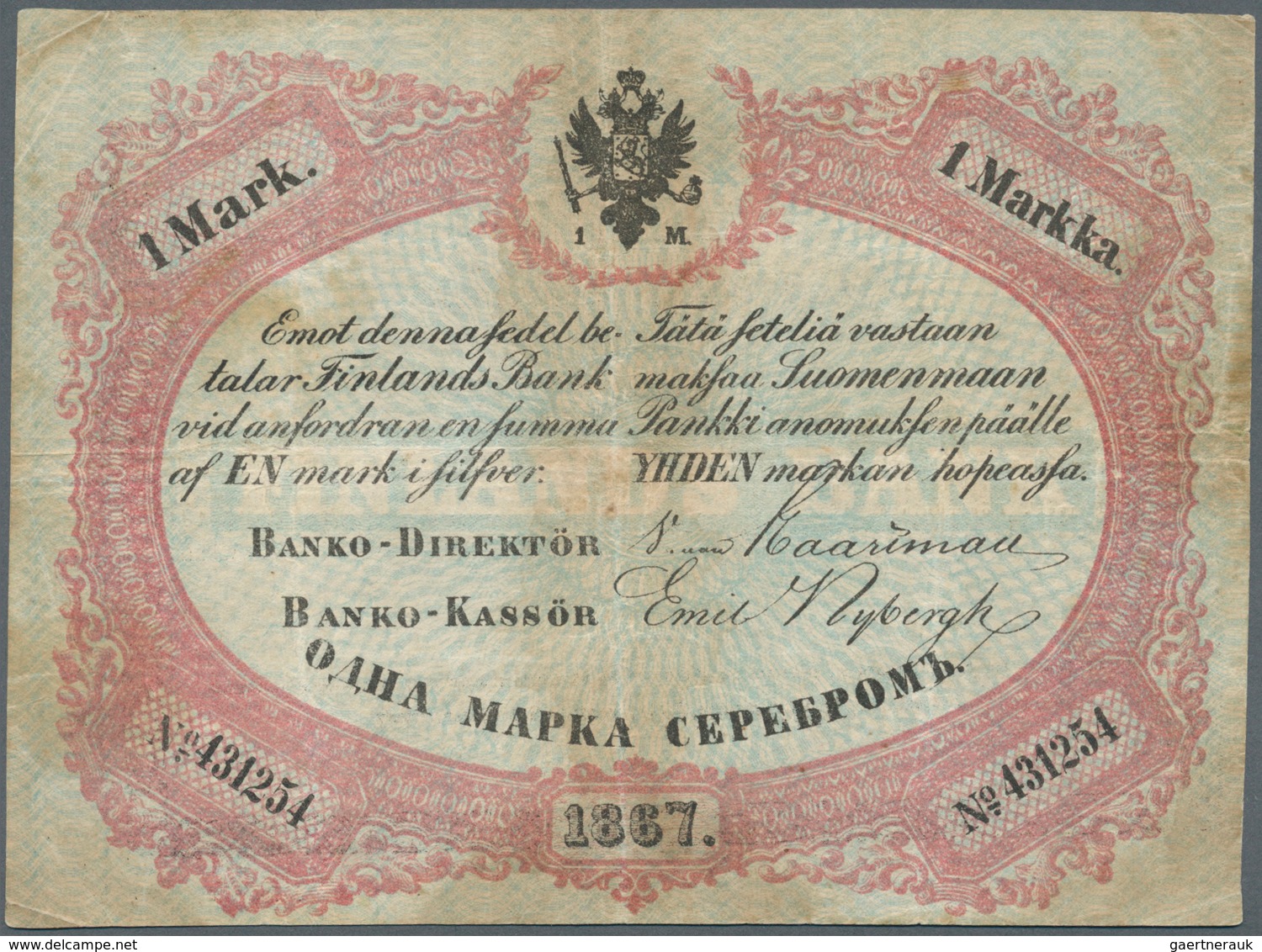 01452 Finland / Finnland: 1 Markka 1867 P. A39Ab, Used With Folds, Staining On Back And At Borders, No Hol - Finland