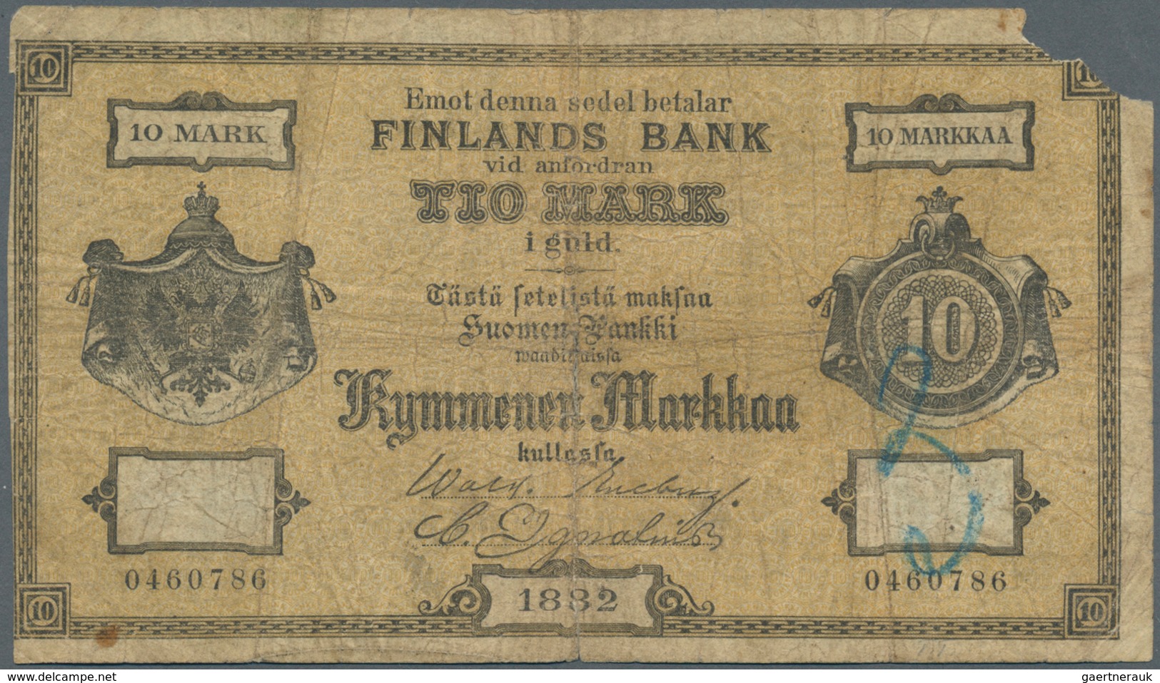 01454 Finland / Finnland: 10 Markkaa 1882 P. A46a, Stronger Used With Strong Folds, Missing Part At Upper - Finland