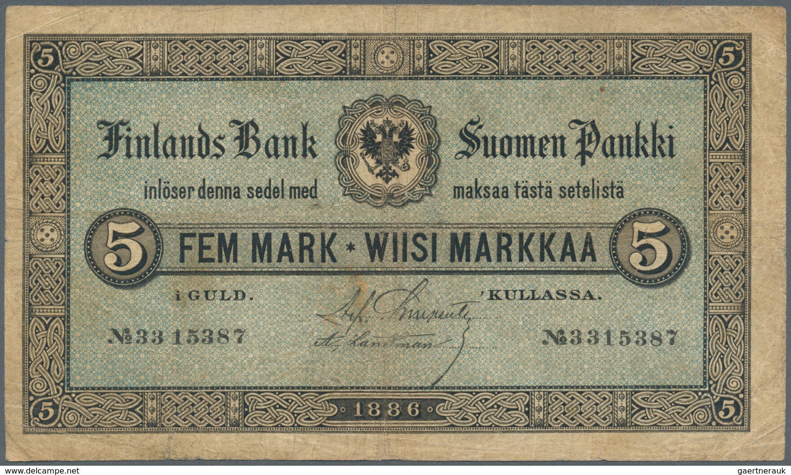 01455 Finland / Finnland: 5 Markkaa 1886 P. A50, Used With Several Folds And Lightly Stained Paper, Tiny C - Finlandia