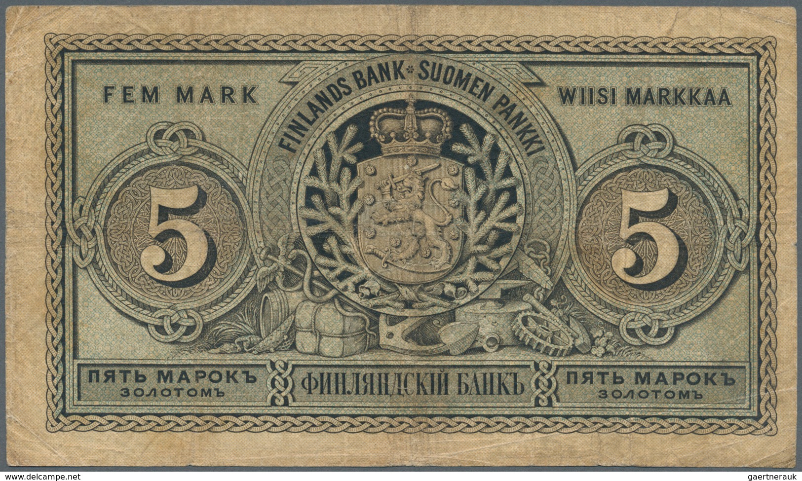 01455 Finland / Finnland: 5 Markkaa 1886 P. A50, Used With Several Folds And Lightly Stained Paper, Tiny C - Finland