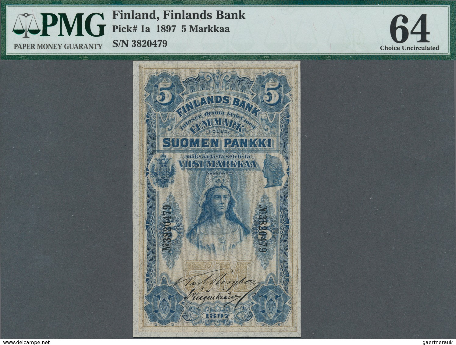 01456 Finland / Finnland: 5 Markkaa 1897, P.1a, PMG Graded 64 Choice Uncirculated - Finlandia