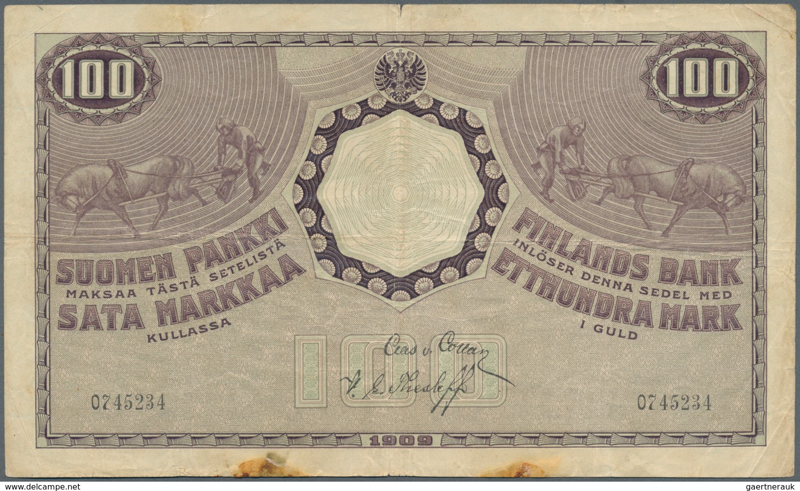 01457 Finland / Finnland: 100 Markkaa 1909 P. 13, Stronger Center Fold And Horizontal Fold, Stainings At L - Finlandia