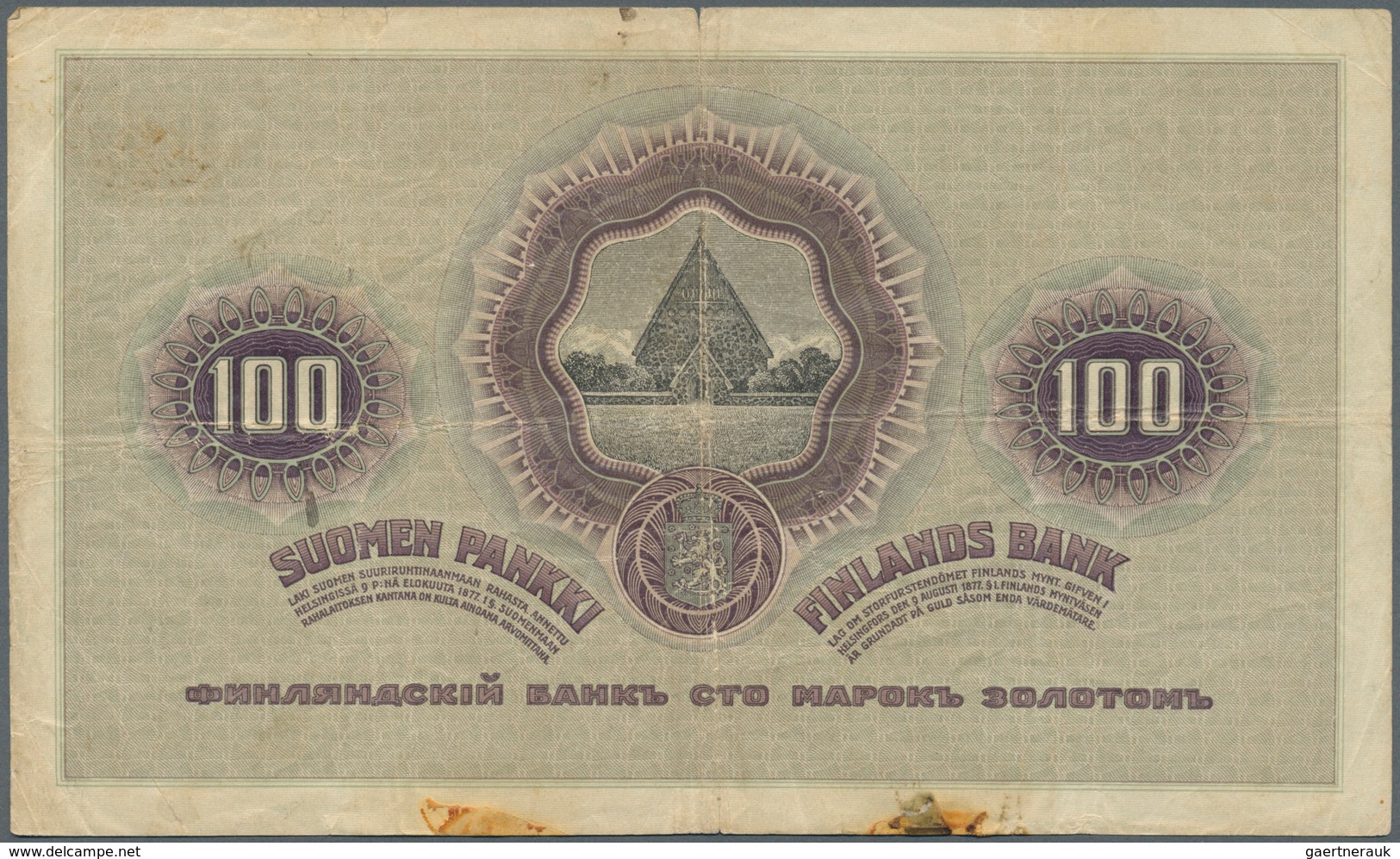 01457 Finland / Finnland: 100 Markkaa 1909 P. 13, Stronger Center Fold And Horizontal Fold, Stainings At L - Finlandia