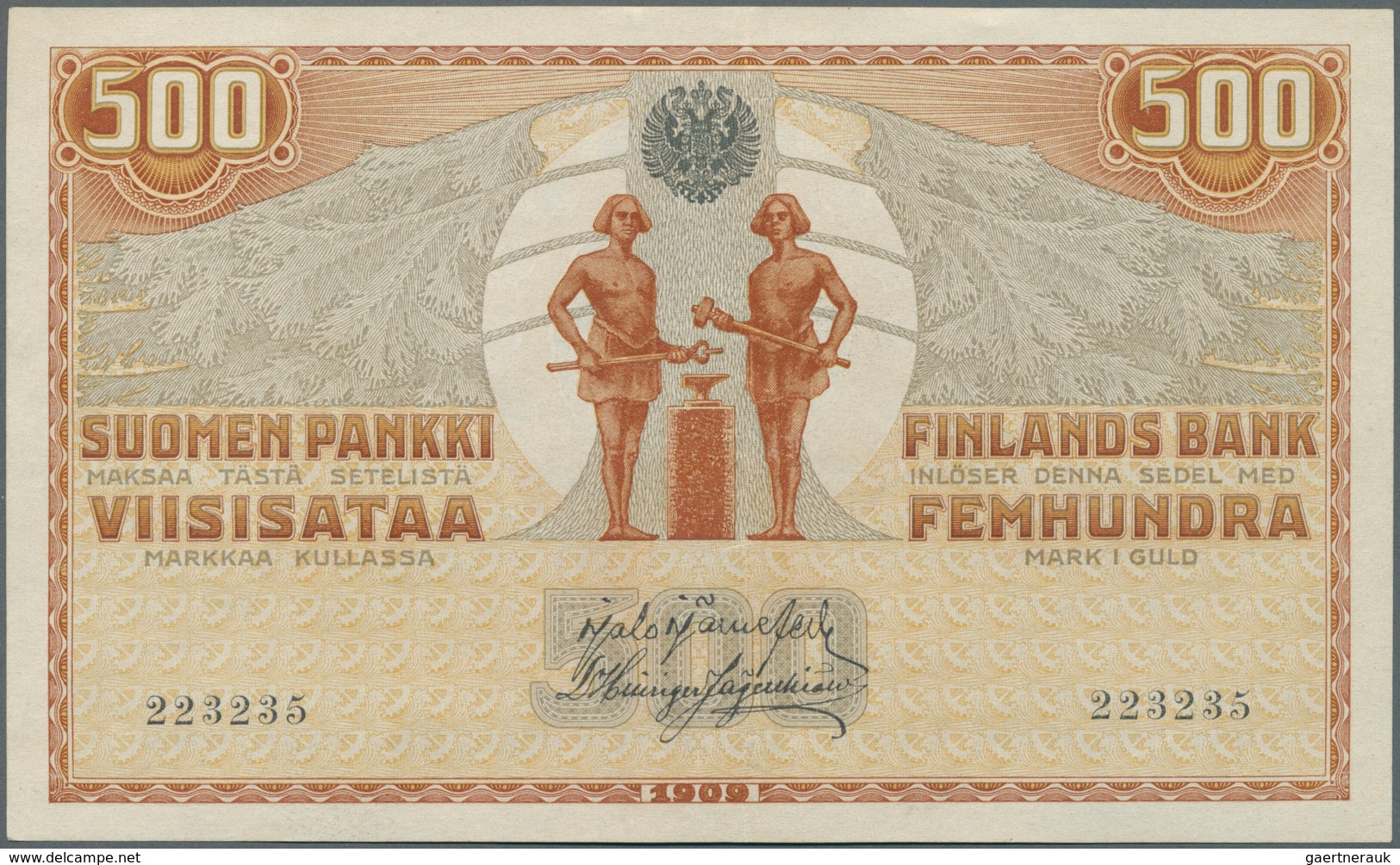 01458 Finland / Finnland: 500 Markkaa 1909 P. 23, Light Center Fold, Otherwise Perfect, Condition: XF+ To - Finlandia