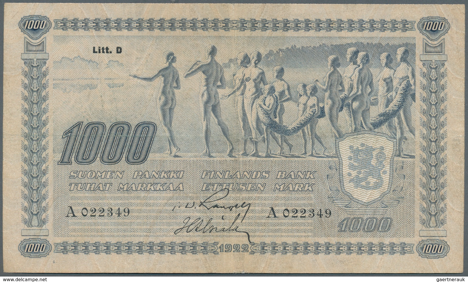 01461 Finland / Finnland: 1000 Markkaa ND(1939) P. 67A, Rare Issue, Used With Vertical And Horizontal Fold - Finland