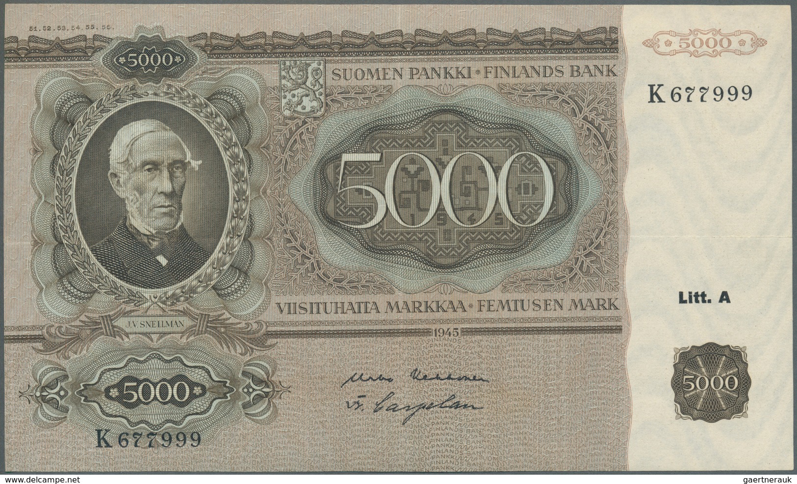 01463 Finland / Finnland: 5000 Markkaa 1945 P. 83a, Only A Light Center And Horizontal Fold, Crisp Origina - Finlandia