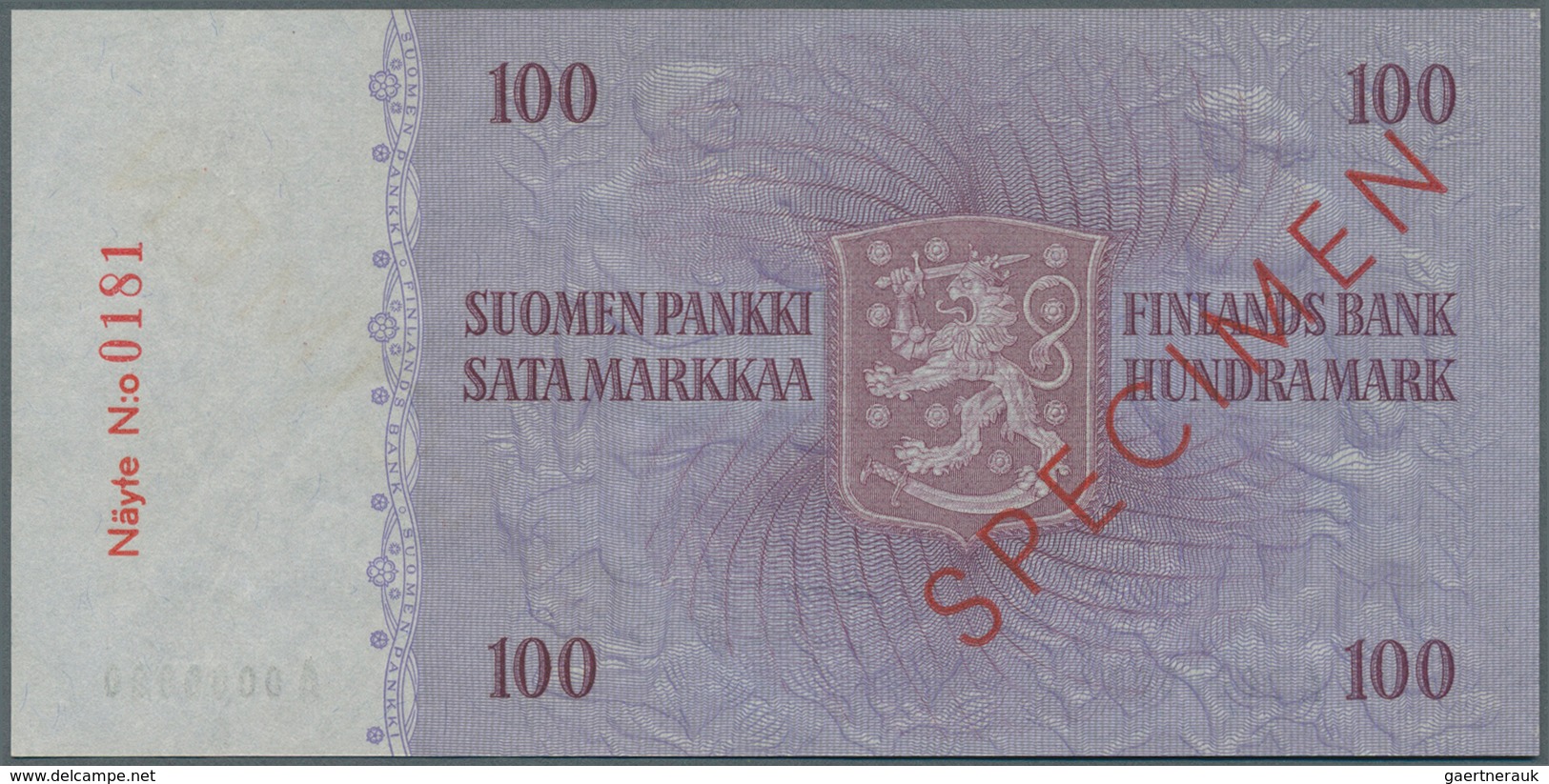 01466 Finland / Finnland: 100 Markkaa 1963 Specimen P. 106s, Zero Serial Numbers, Red Specimen Overprint, - Finland