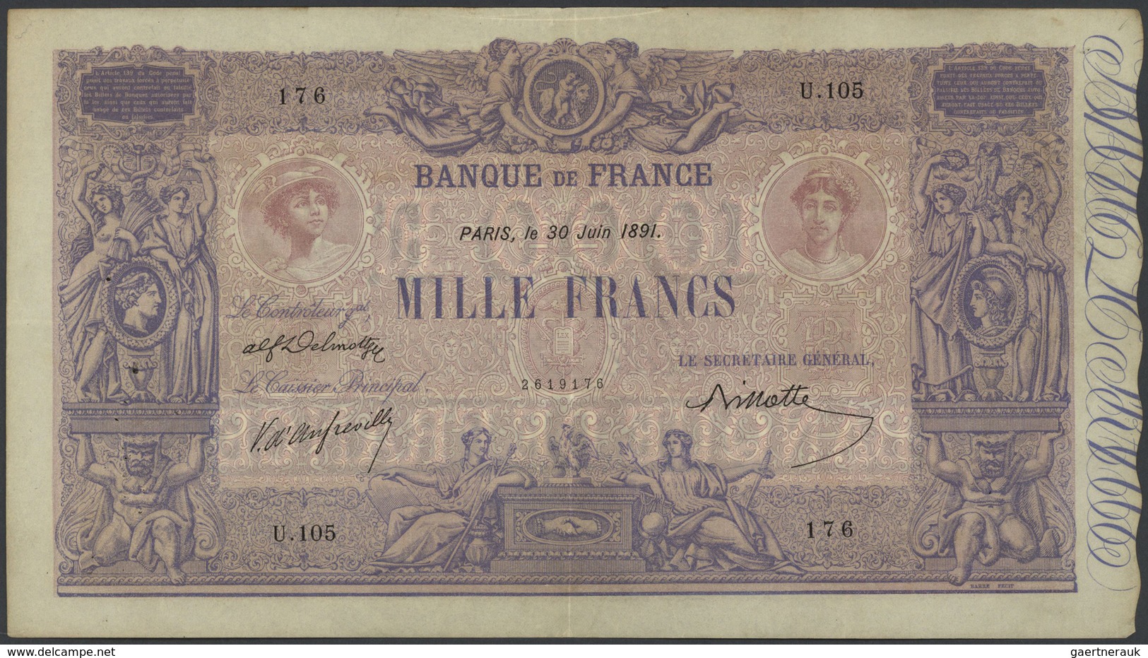 01473 France / Frankreich: 1000 Francs June 30th 1891, P.67b (Fay 36-3) With Signatures: Delmotte, D'Anfre - Otros & Sin Clasificación