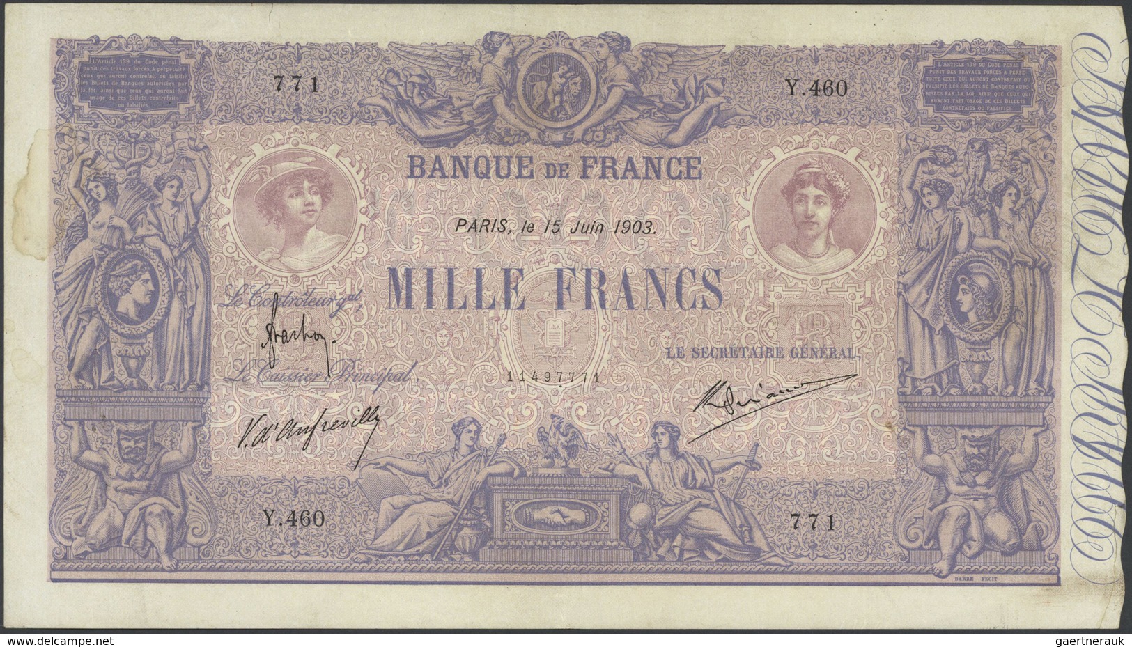01474 France / Frankreich: 1000 Francs June 15th 1903, P.67e (Fay 36-17) With Signatures: Frachon, D'Anfre - Other & Unclassified