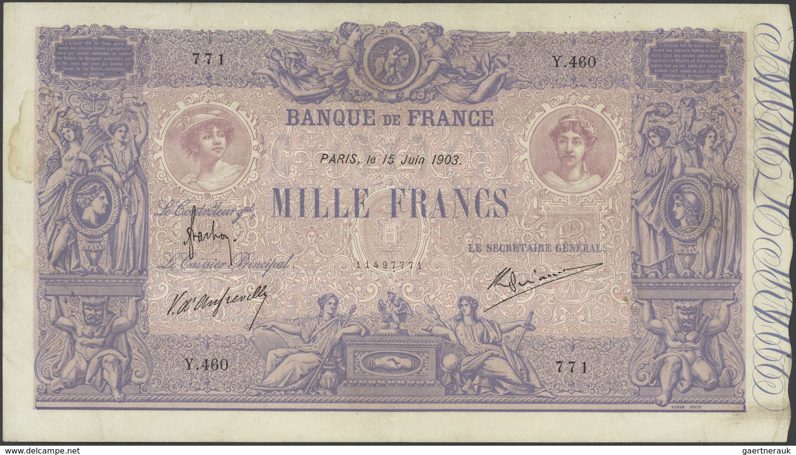 01474 France / Frankreich: 1000 Francs June 15th 1903, P.67e (Fay 36-17) With Signatures: Frachon, D'Anfre - Otros & Sin Clasificación