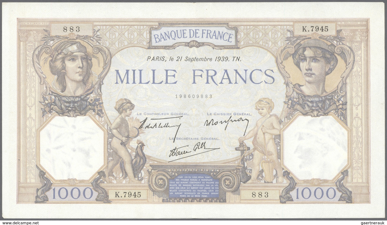 01478 France / Frankreich: Set Of 2 Notes 1000 Francs 1939 P. 90, Both Very Crisp With Original Colors, Li - Andere & Zonder Classificatie