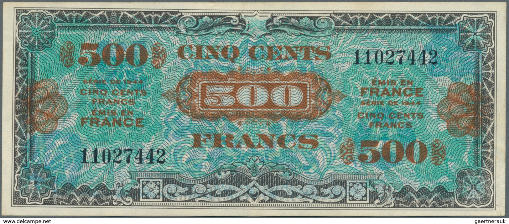 01482 France / Frankreich: 500 Francs 1944 P. 119a, Light Center Fold And Minor Handling In Paper, No Hole - Andere & Zonder Classificatie