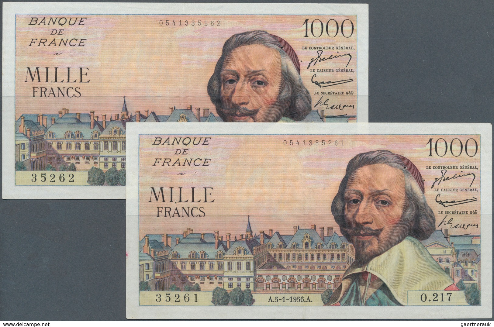 01488 France / Frankreich: 2 Consecutive 1000 Francs 1956 P. 134a, Very Crisp Paper, Light Center Bend, Pi - Andere & Zonder Classificatie