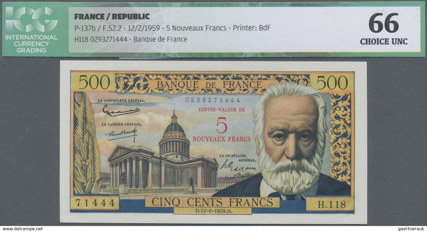 01491 France / Frankreich: 5 Nouveaux Francs On 500 Francs 1959, P.137b In Perfect Condition, ICG Graded 6 - Altri & Non Classificati