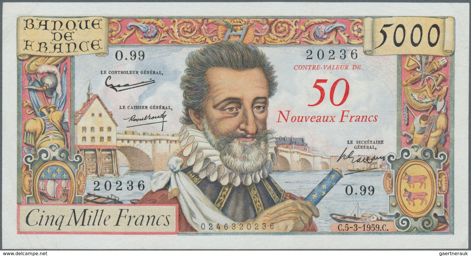 01492 France / Frankreich: 50 NF On 5000 Frans 1959 P. 139, 2 Light Center Bends, One Corner Fold, No Hole - Other & Unclassified