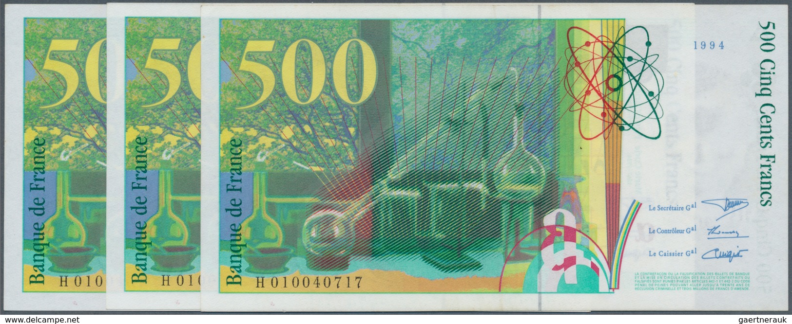 01506 France / Frankreich: Set 3 Pcs CONSECUTIVE Banknotes 500 Francs 1994 P. 160a In Condition: UNC. (3 P - Andere & Zonder Classificatie