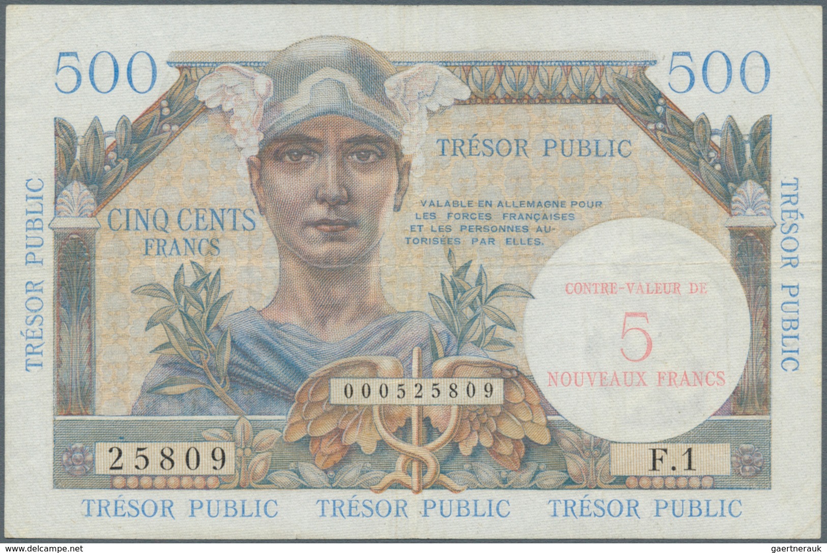 01511 France / Frankreich: 5 NF On 500 Francs ND Tresor Public P. M14, Used With Folds In Paper, Probably - Andere & Zonder Classificatie