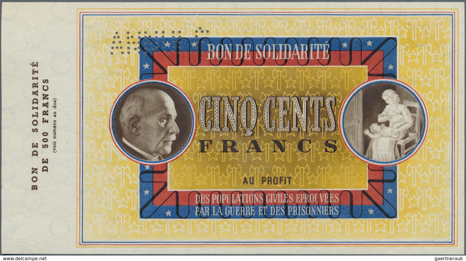 01513 France / Frankreich: Bon De Solidarité 500 Francs With Perforation Annulé, Light Center Bend, Condit - Altri & Non Classificati