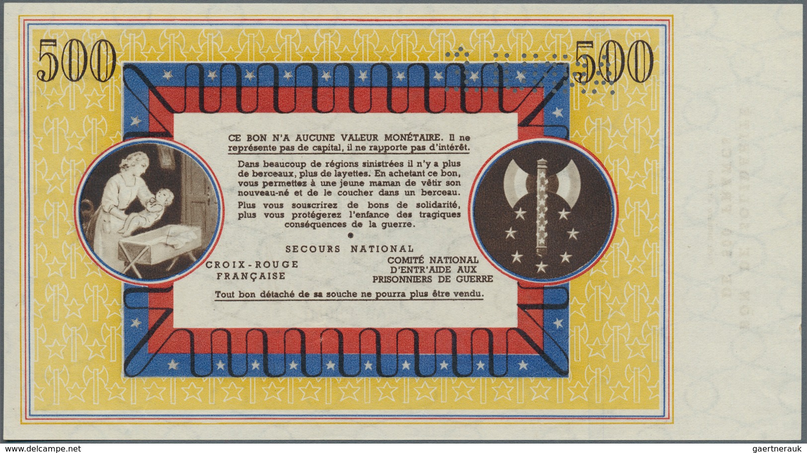 01513 France / Frankreich: Bon De Solidarité 500 Francs With Perforation Annulé, Light Center Bend, Condit - Andere & Zonder Classificatie