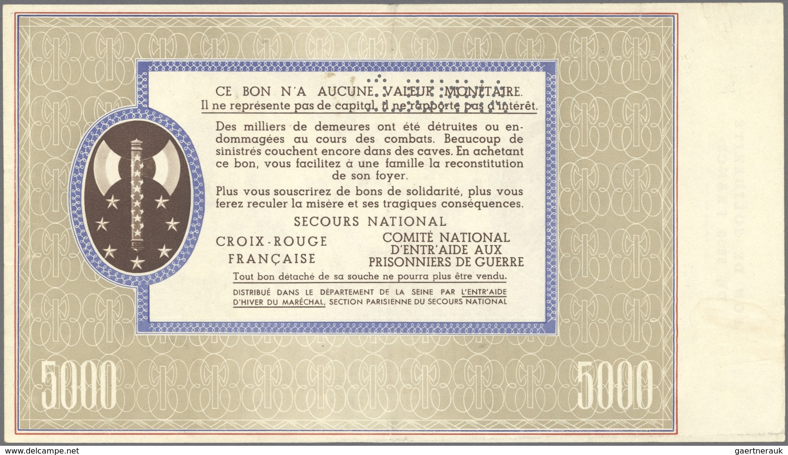 01514 France / Frankreich: Bon De Solidarité 5000 Francs With Perforation Annulé, Light Center Bend, Condi - Altri & Non Classificati