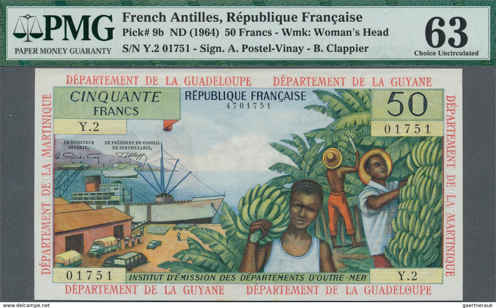 01521 French Antilles / Französische Antillen: 50 Francs ND(1964), P.9b, PMG Graded 63 Choice Uncirculated - Otros – América