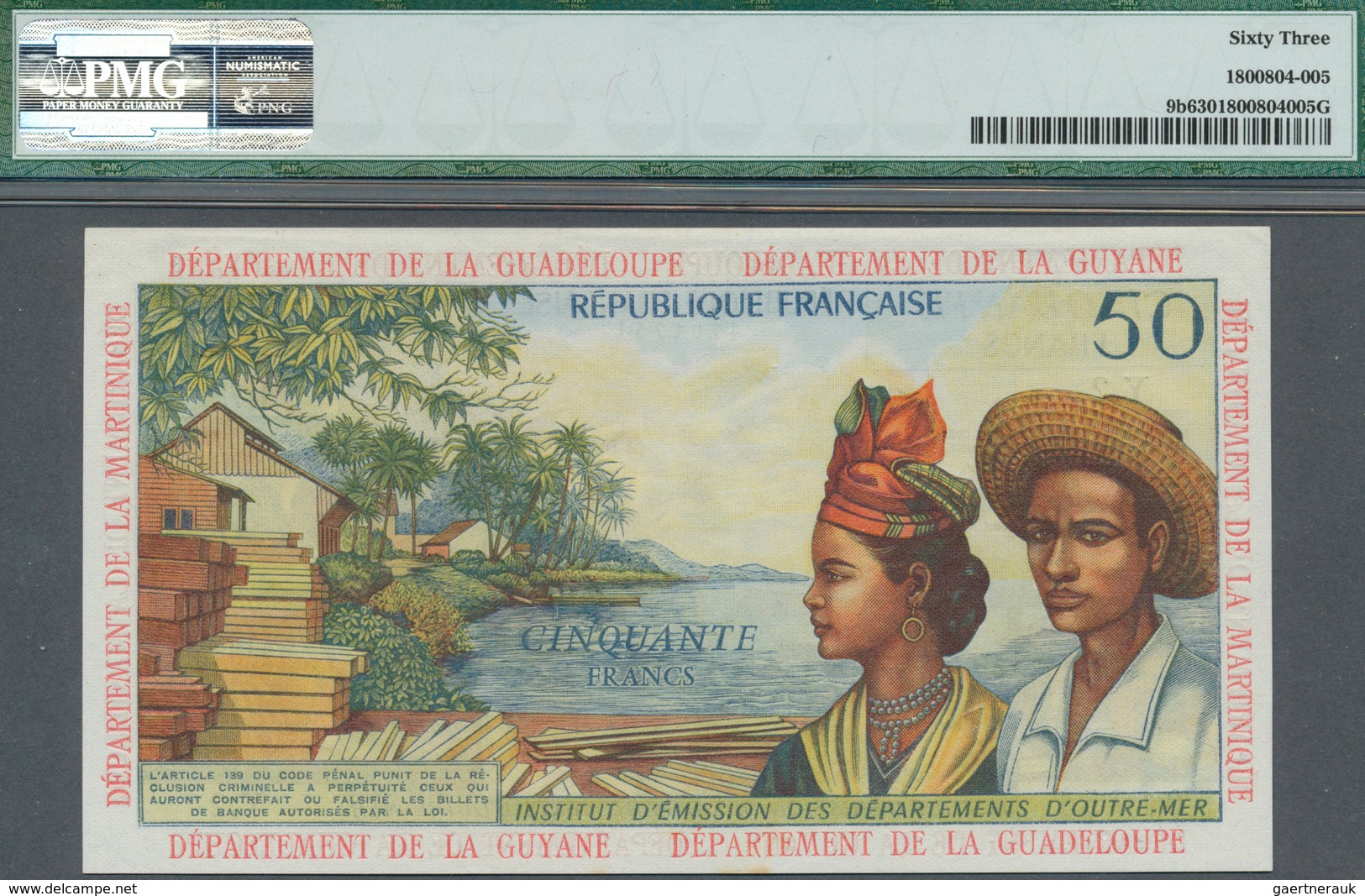 01521 French Antilles / Französische Antillen: 50 Francs ND(1964), P.9b, PMG Graded 63 Choice Uncirculated - Other - America