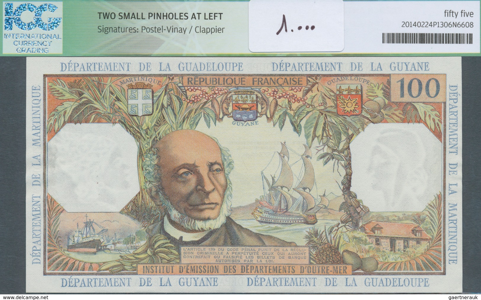 01522 French Antilles / Französische Antillen: 100 Francs ND(1964) P. 10b, In Condition: ICG Graded 55* AU - Otros – América