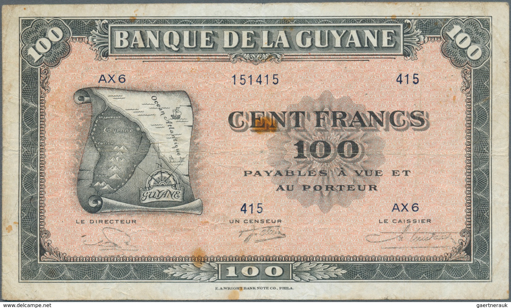 01524 French Guiana / Französisch-Guayana: 100 Francs ND(1944) P. 13b, Used With Folds And Creases, A Few - French Guiana