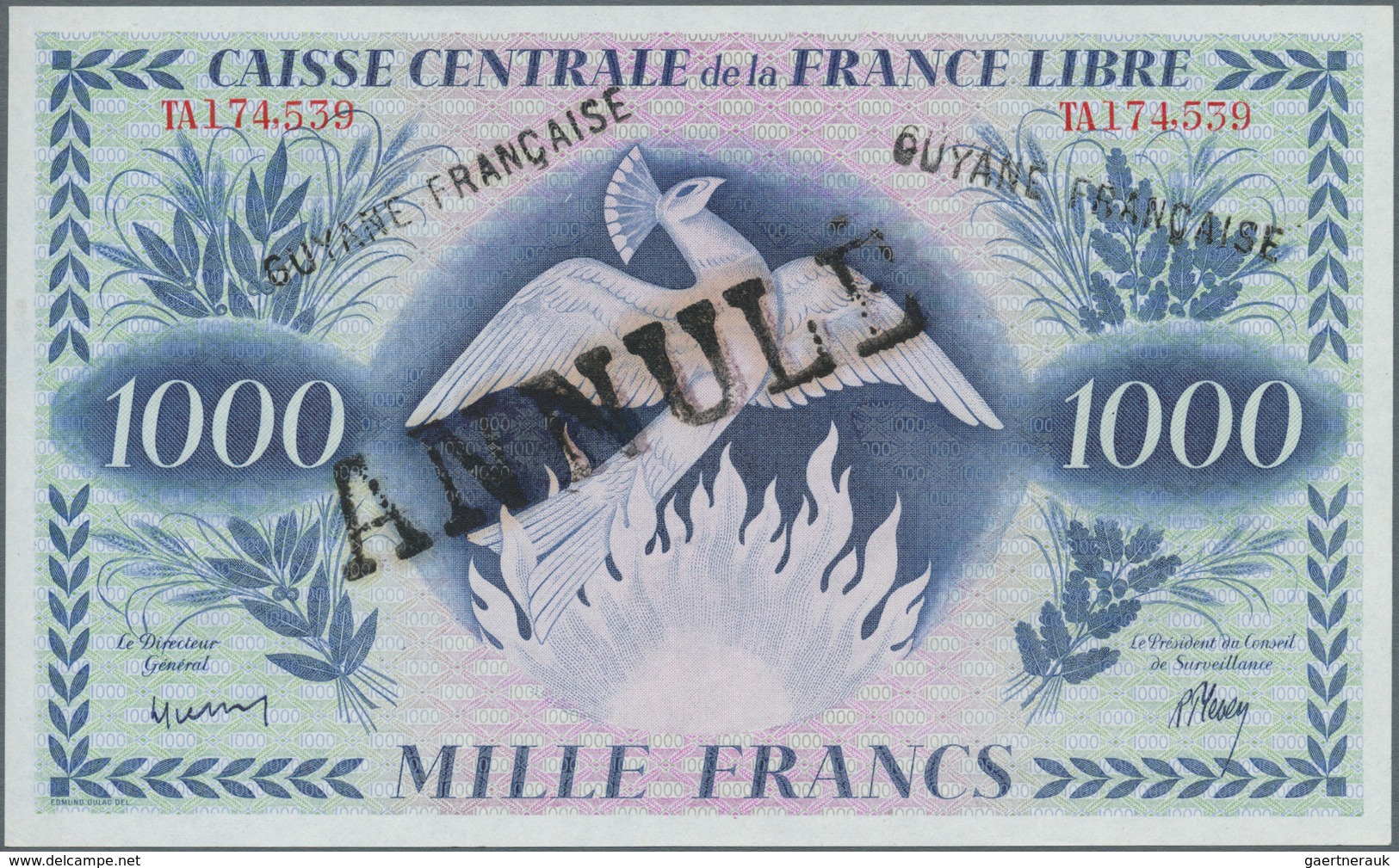 01525 French Guiana / Französisch-Guayana: 1000 Francs ND P. 16A, Caisse Centrale De La France Libre, With - Guyane Française