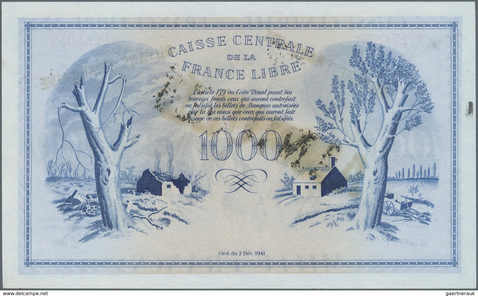 01525 French Guiana / Französisch-Guayana: 1000 Francs ND P. 16A, Caisse Centrale De La France Libre, With - Guyane Française