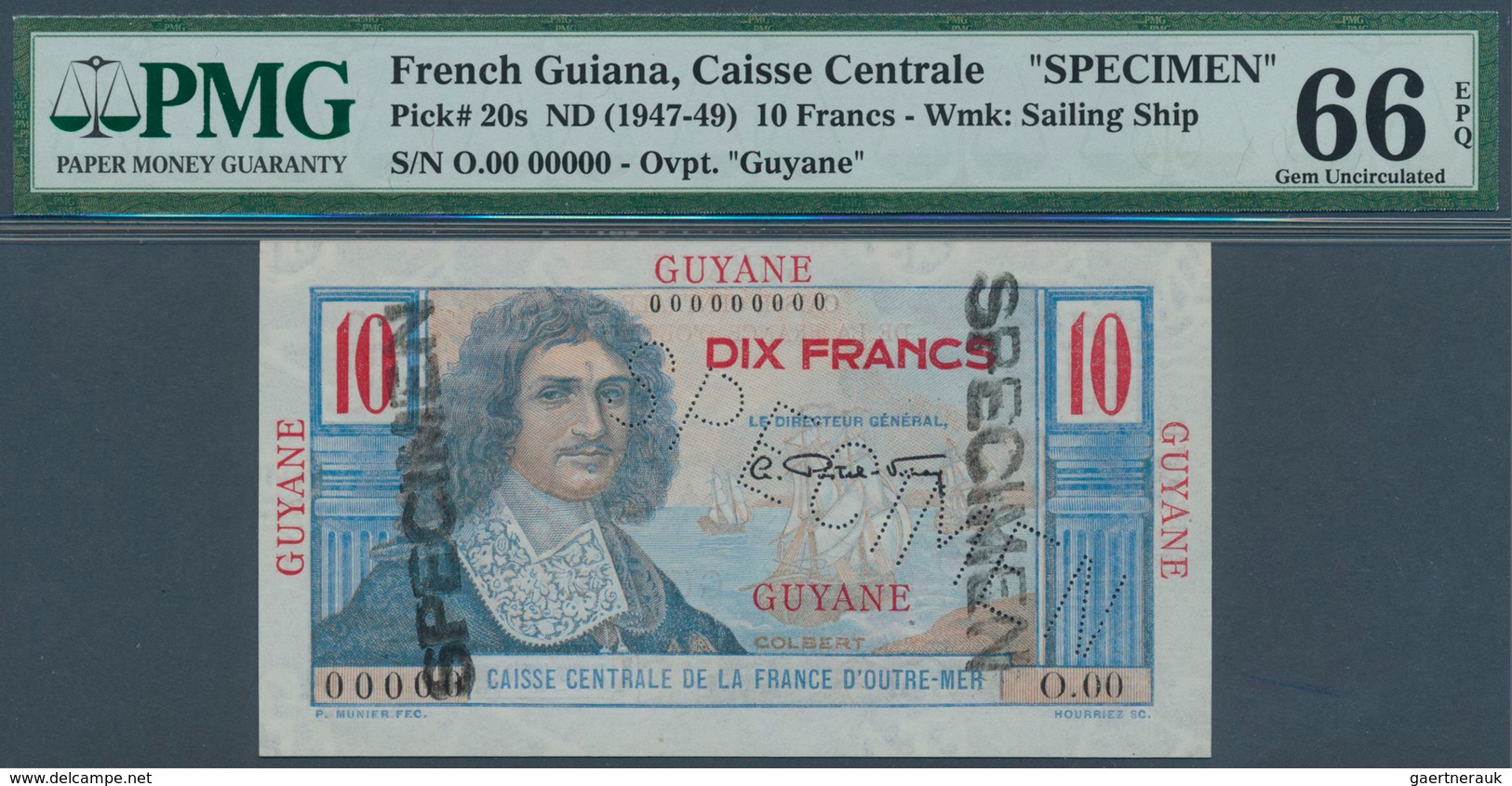 01526 French Guiana / Französisch-Guayana: 10 Francs ND(1947-49) P. 20s In Condition: PMG Graded 66 Gem UN - Guyana Francesa