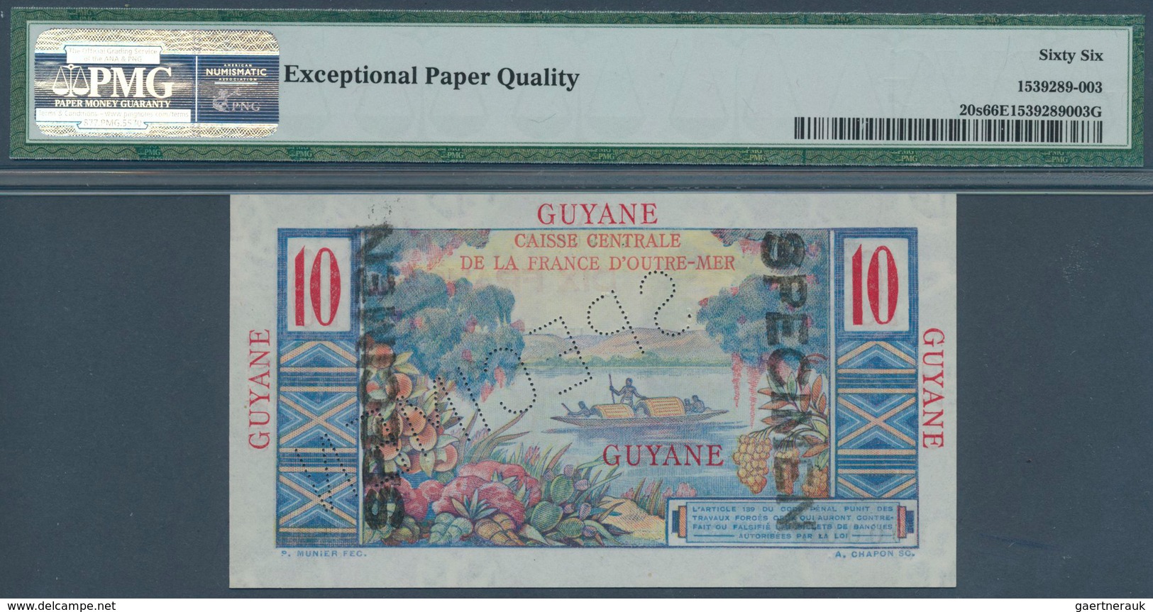 01526 French Guiana / Französisch-Guayana: 10 Francs ND(1947-49) P. 20s In Condition: PMG Graded 66 Gem UN - Guyana Francesa