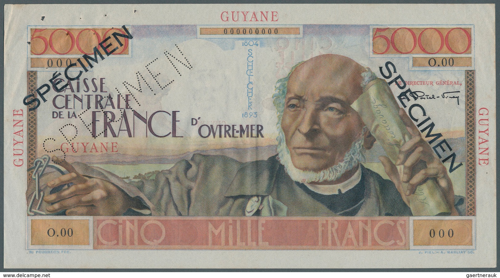 01528 French Guiana / Französisch-Guayana: 5000 Francs ND (1947-49) Specimen P. 26s. This Beautiful Larger - Guyana Francesa