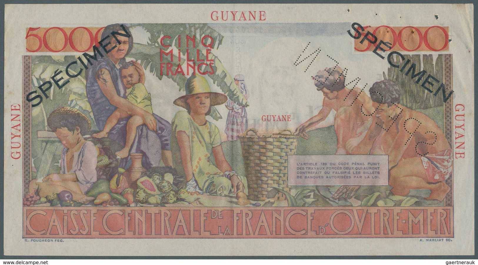 01528 French Guiana / Französisch-Guayana: 5000 Francs ND (1947-49) Specimen P. 26s. This Beautiful Larger - Guyana Francesa