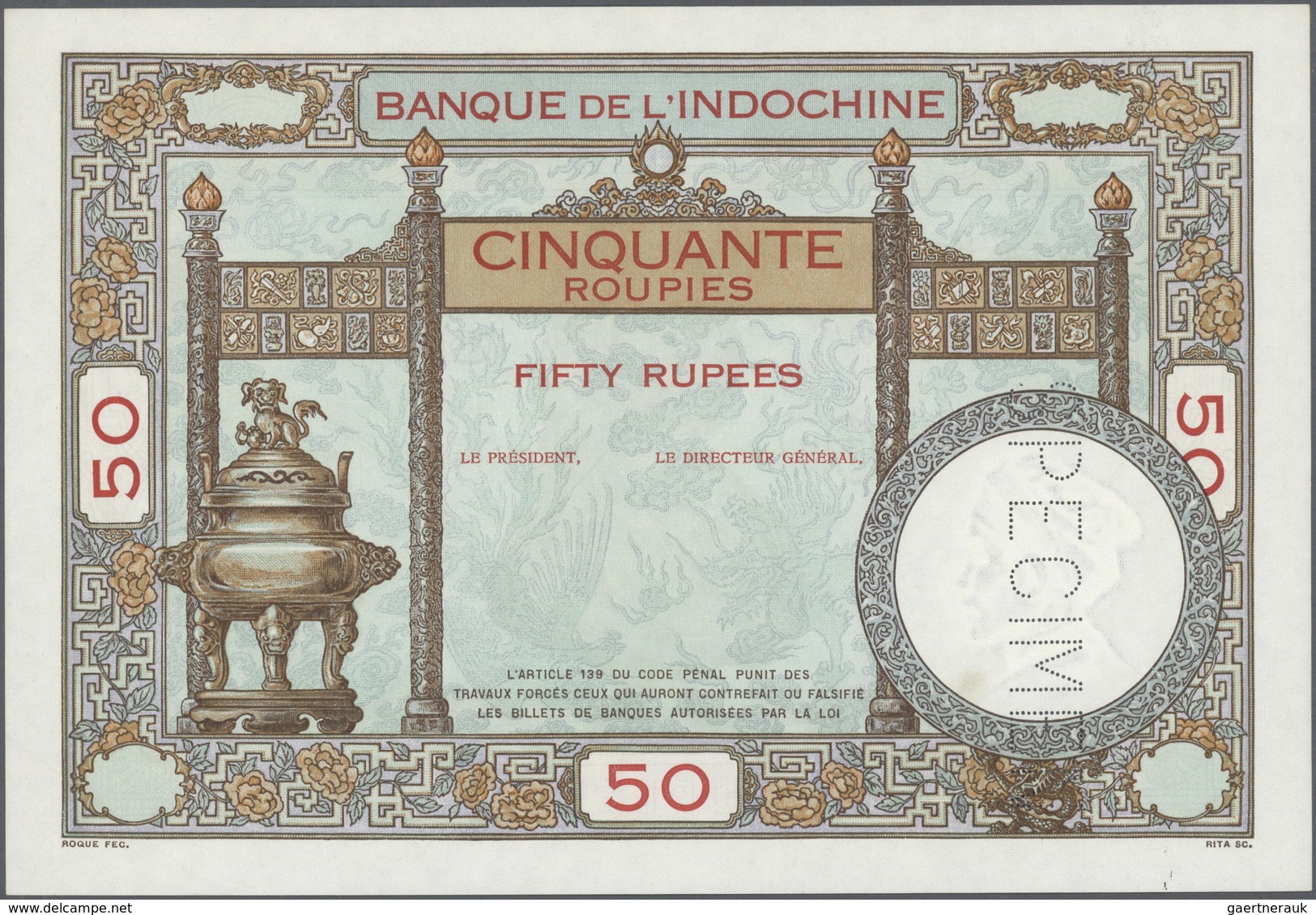 01530 French India / Französisch Indien: 50 Roupies ND Specimen P. 7s With Specimen Perforation, Light Fol - India