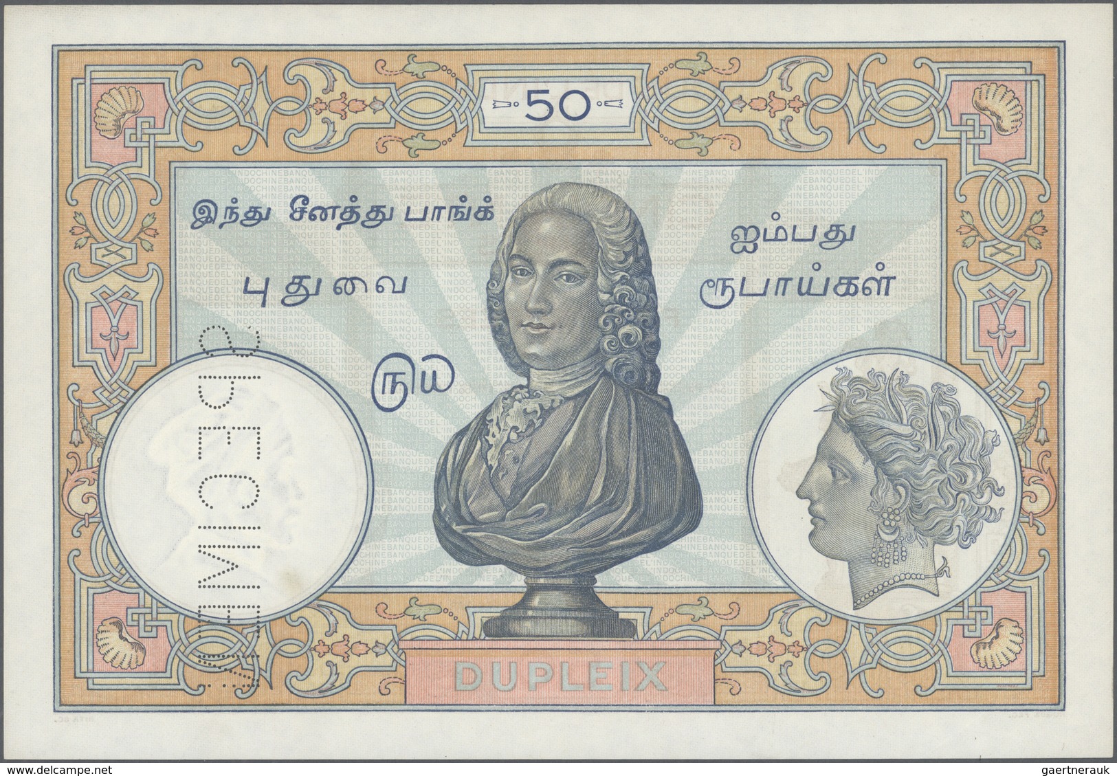 01530 French India / Französisch Indien: 50 Roupies ND Specimen P. 7s With Specimen Perforation, Light Fol - India