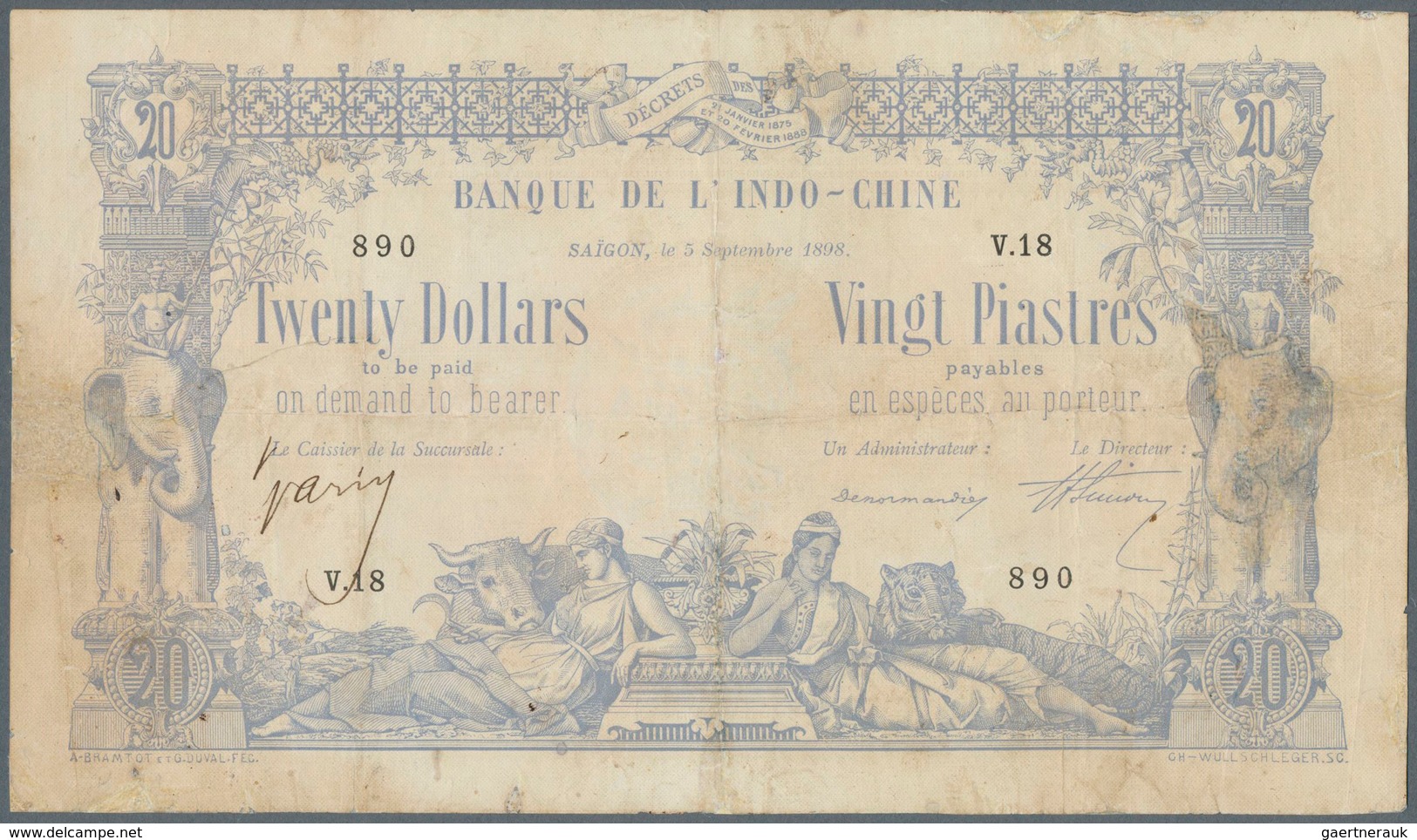 01533 French Indochina / Französisch Indochina: Rare Banknote 20 Dollars = 20 Piastres 1898 P. 30, Strong - Indochina