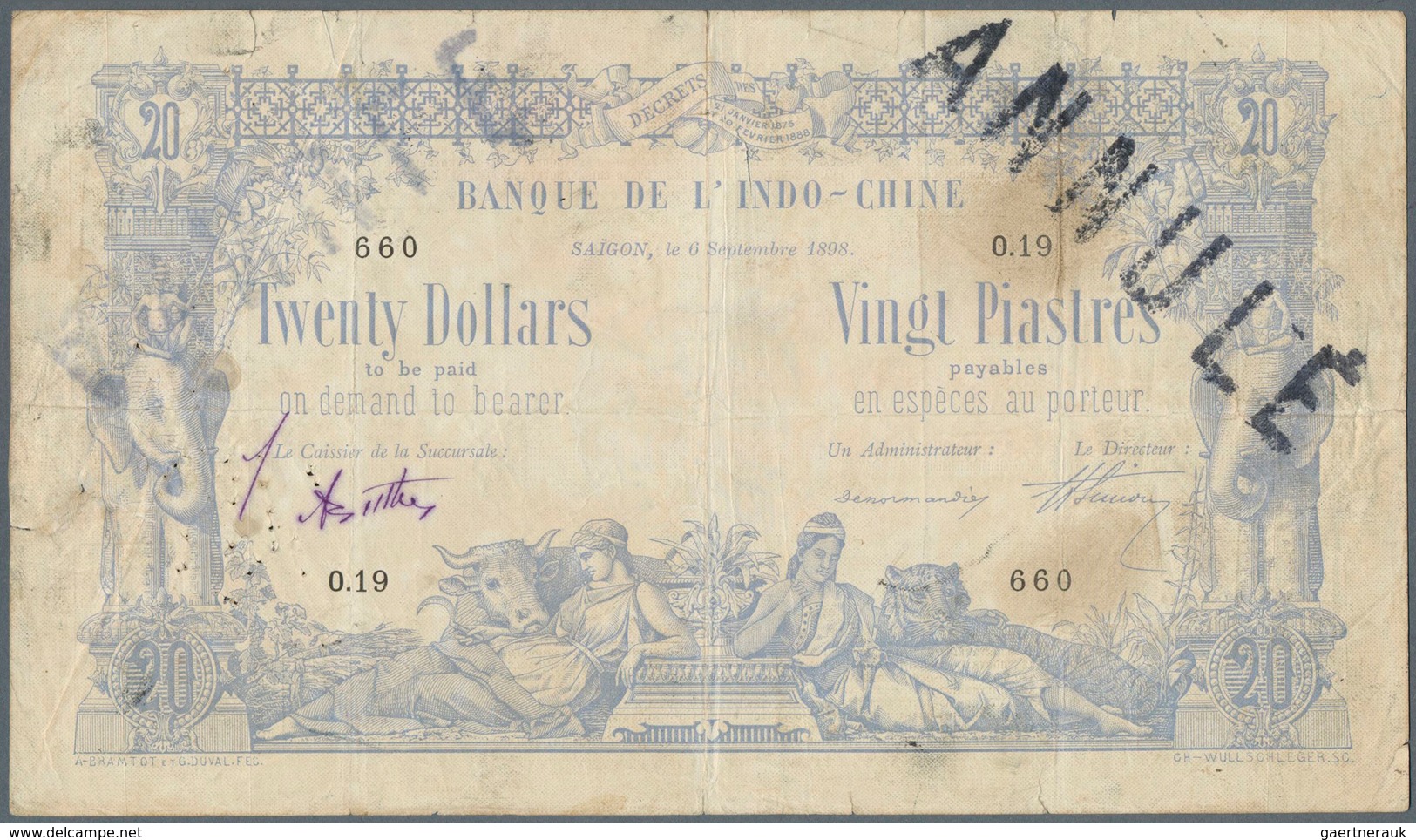 01534 French Indochina / Französisch Indochina: Highly Rare Banknote 20 Dollars = 20 Piastres 1898 With St - Indochina