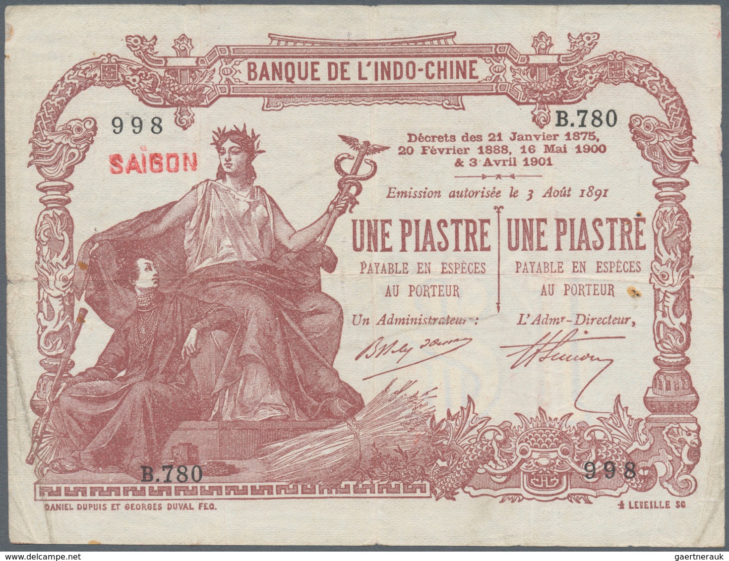 01535 French Indochina / Französisch Indochina: 1 Piastre ND(1901-1921) Saigon Banque De L'Indochine P. 34 - Indochina