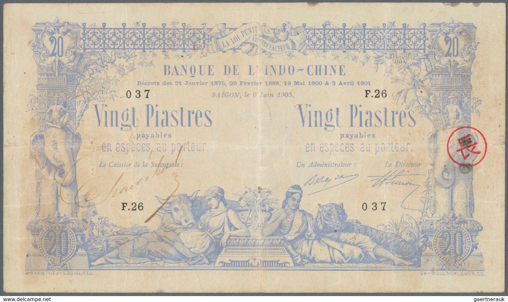 01536 French Indochina / Französisch Indochina: Highly Rare Banknote 20 Piastres 1905 Saigon Banque De L'I - Indocina