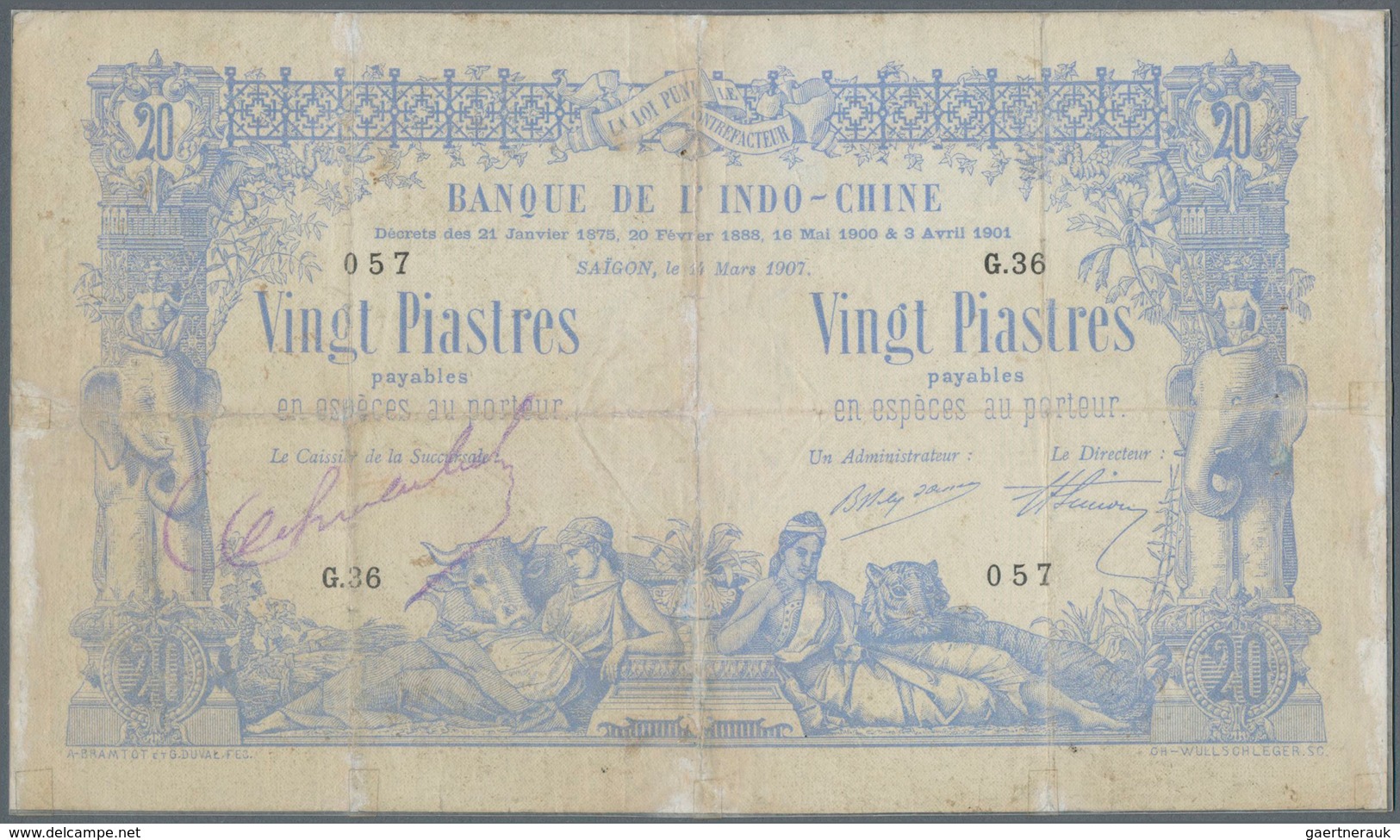 01537 French Indochina / Französisch Indochina: 20 Piastres 1907 Saigon Banque De L'Indochine P. 36, Used - Indocina