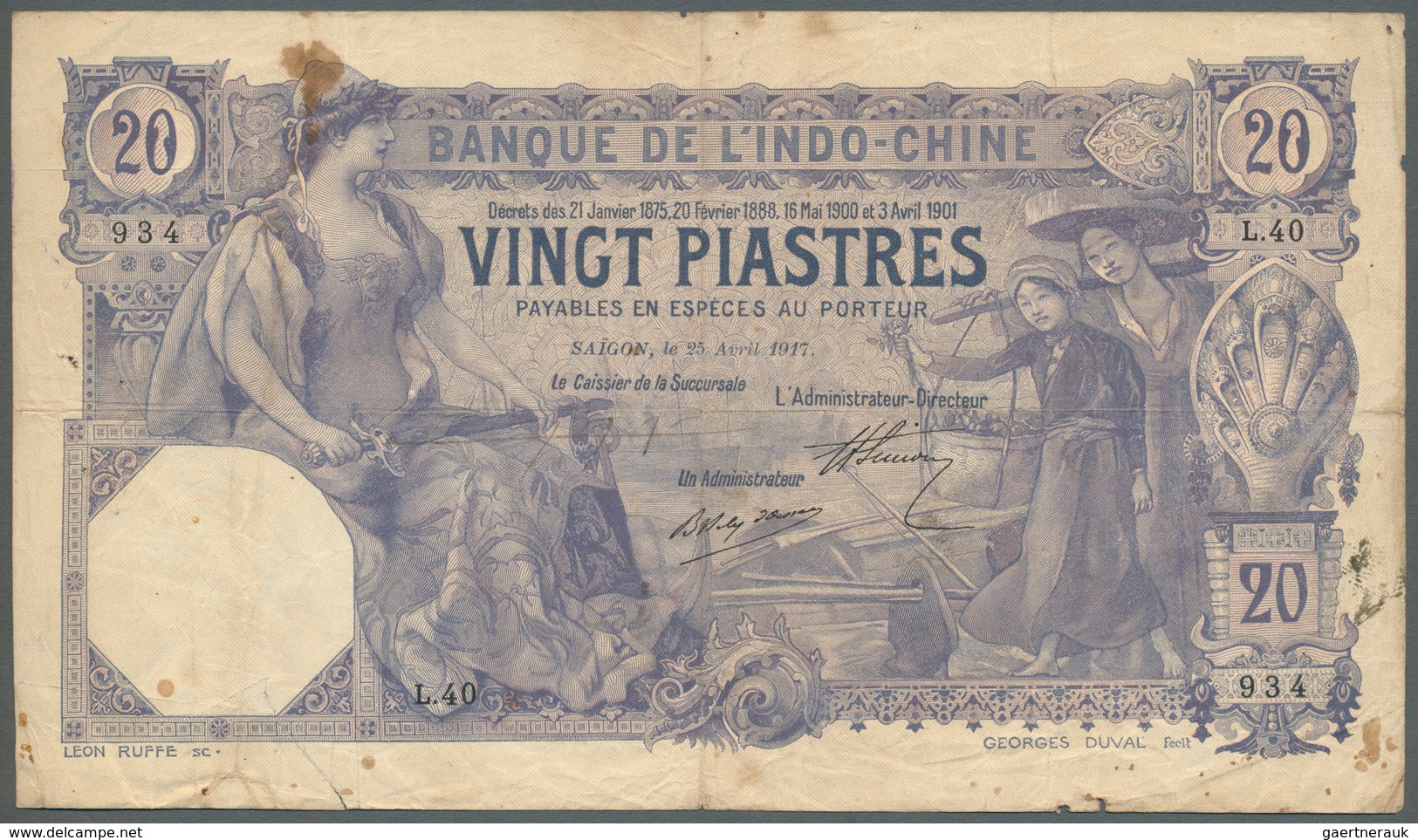 01538 French Indochina / Französisch Indochina: 20 Piastres 1917 P. 38, Used With Several Folds And Crease - Indocina