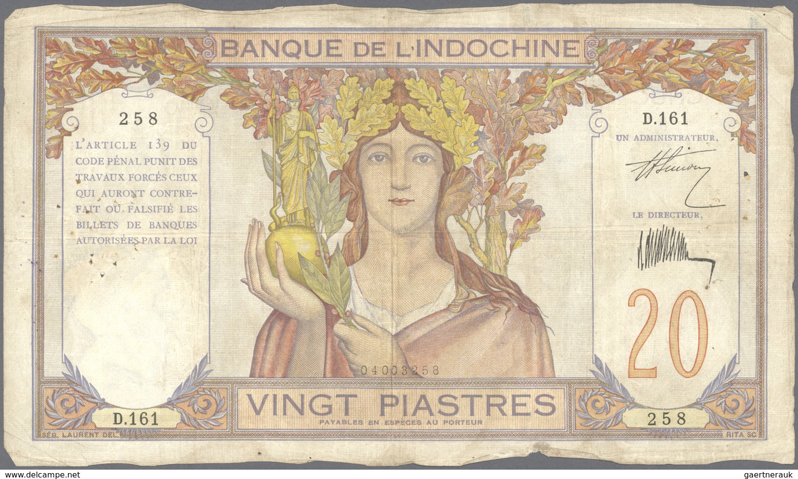 01541 French Indochina / Französisch Indochina: Set Of 3 Large Size Banknotes Containing 20 Piastres P. 50 - Indochina