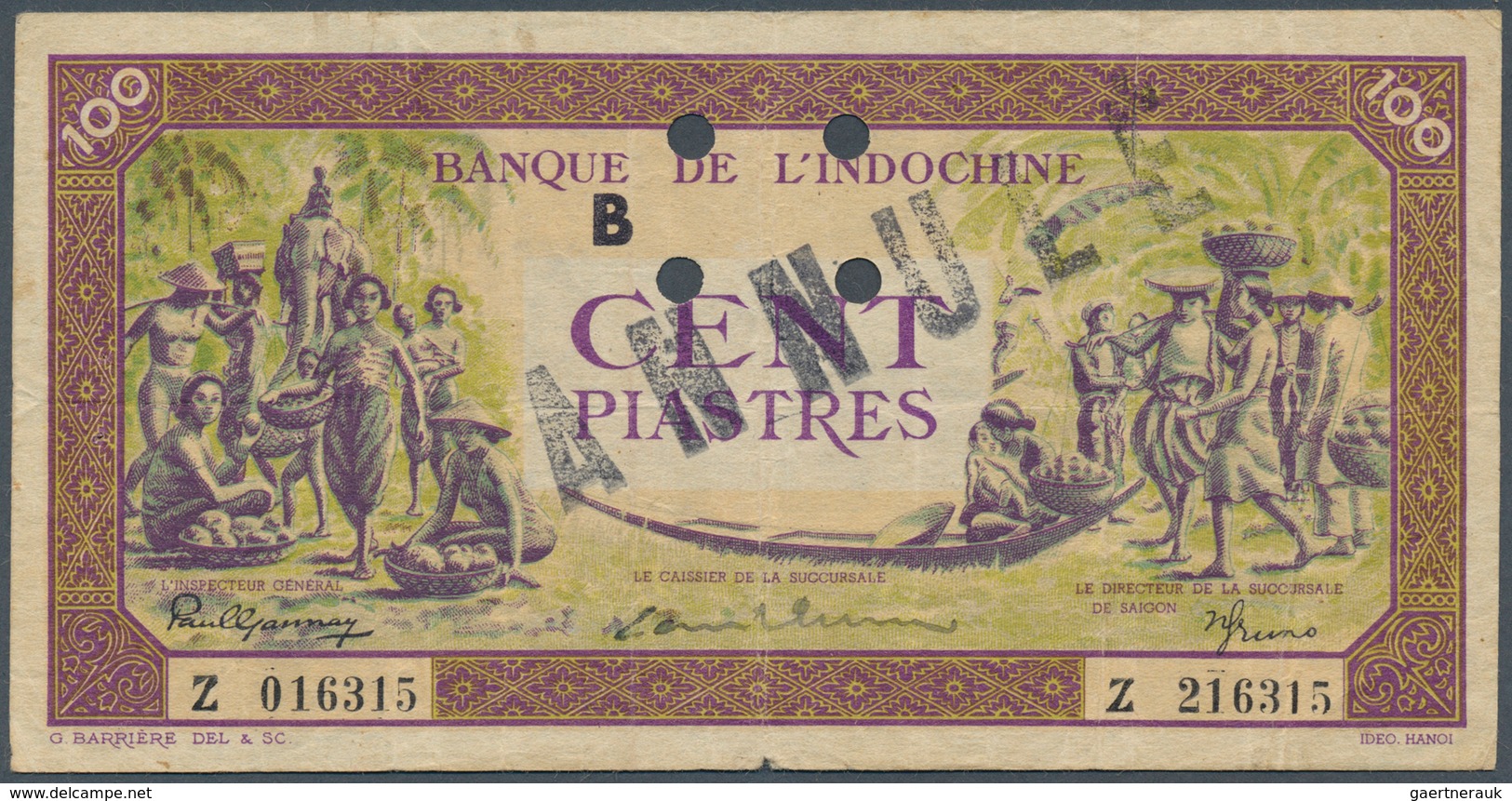 01542 French Indochina / Französisch Indochina: 100 Piastres ND(1942-45) P. 67 With Stamps Annullé On Both - Indocina