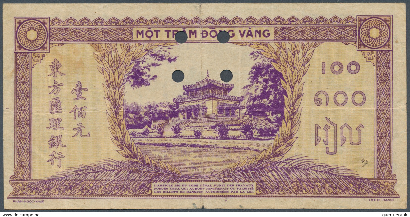 01542 French Indochina / Französisch Indochina: 100 Piastres ND(1942-45) P. 67 With Stamps Annullé On Both - Indochina