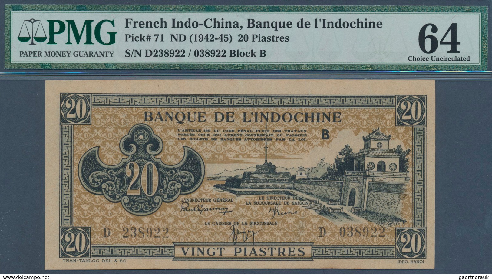 01543 French Indochina / Französisch Indochina: 20 Piastres ND(1942-45) P. 71, In Condition: PMG Graded 64 - Indochina