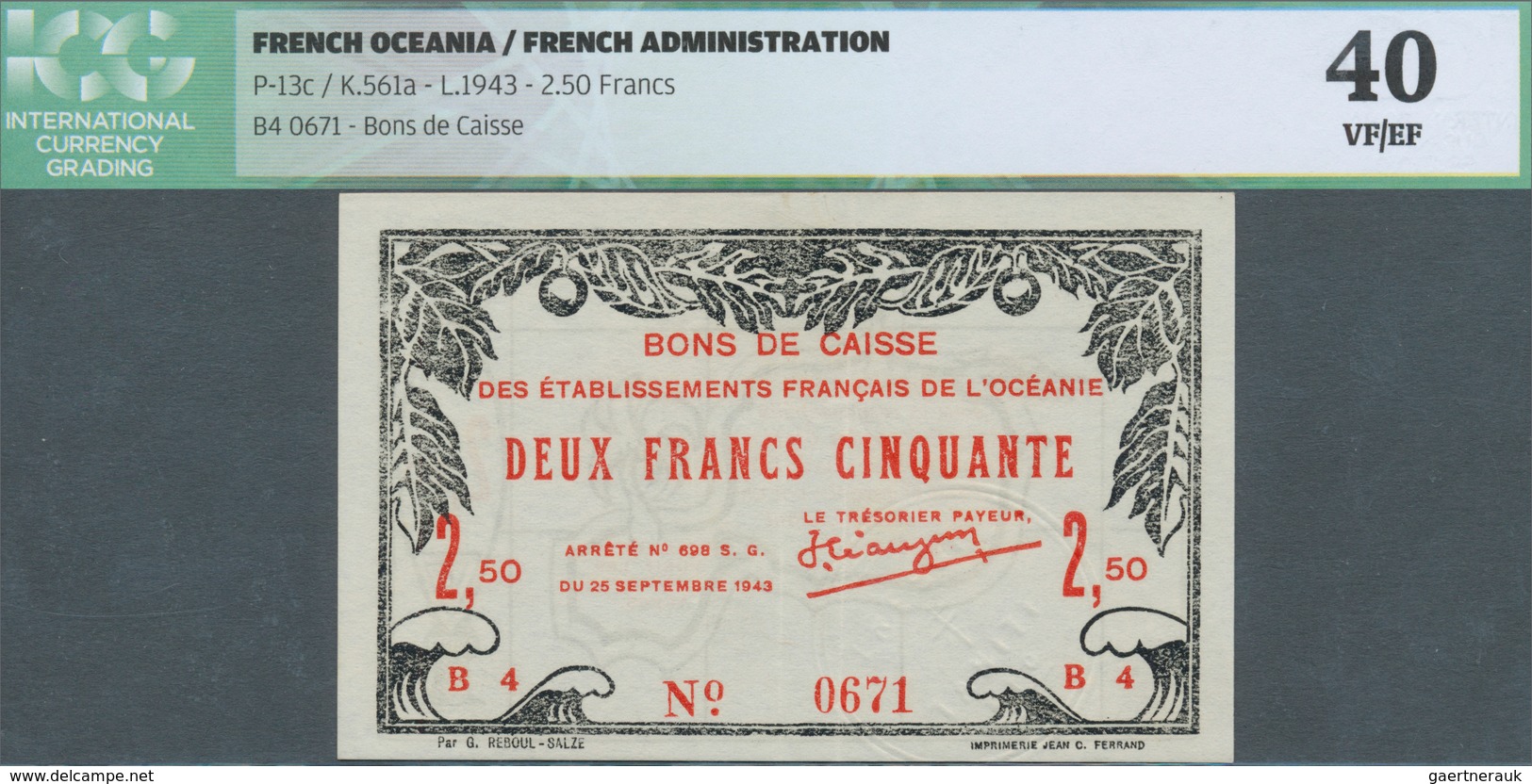 01552 French Oceania / Französisch Ozeanien: 2 1/2 Francs L.1943 P. 13c, In Condition: ICG Graded: 40 VF/E - Sin Clasificación