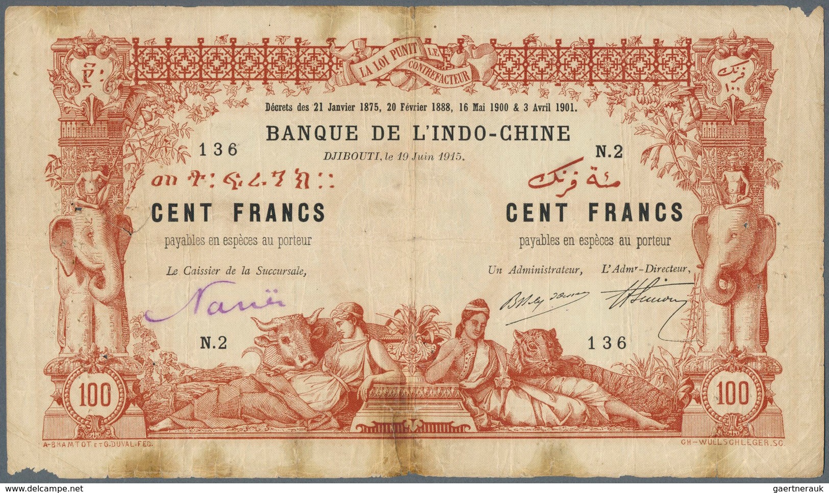 01554 French Somaliland / Französisch Somaliland: 100 Francs 1915 P. 3b Banque De L'Indochine, Used With F - Other - Africa