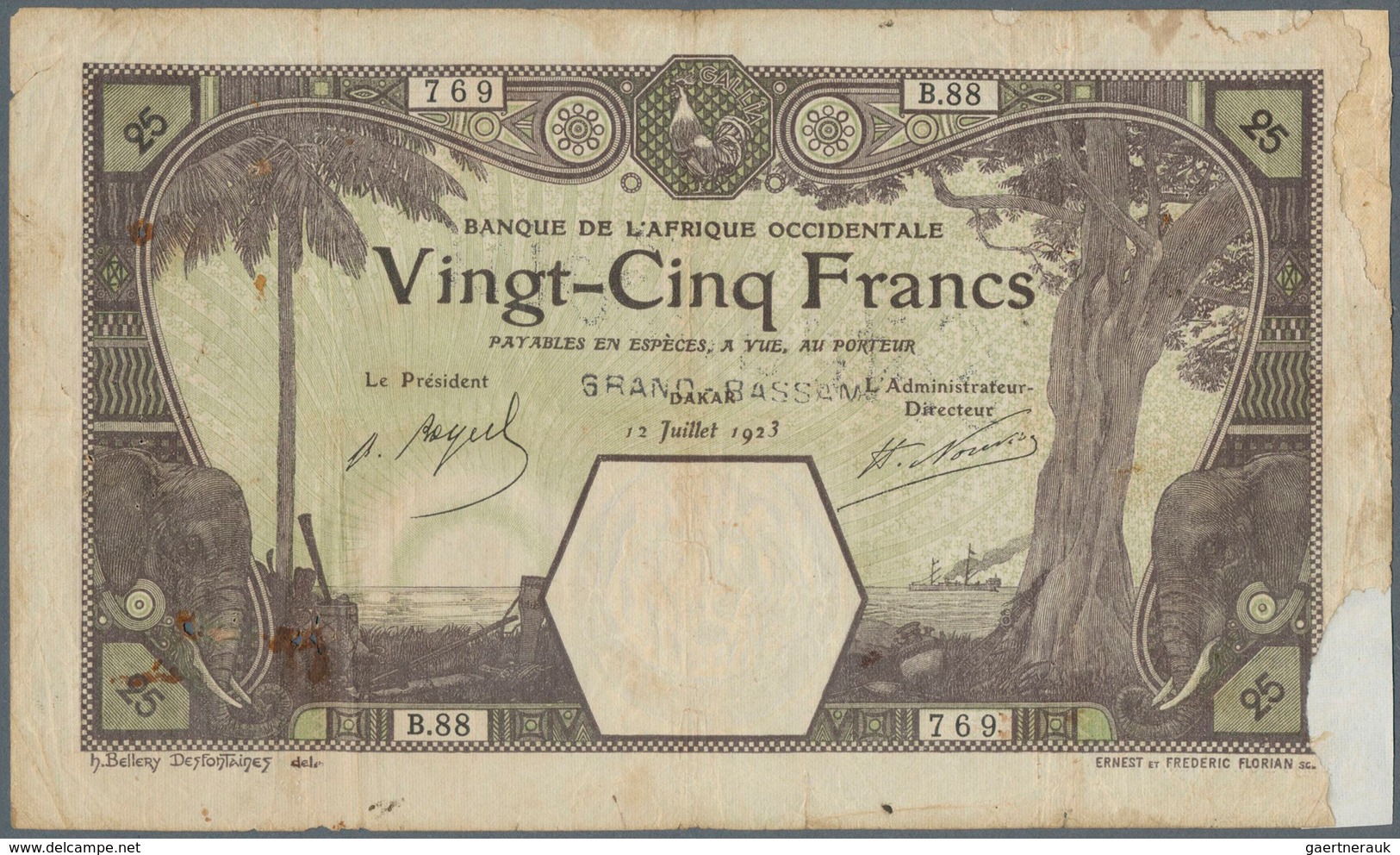 01555 French West Africa / Französisch Westafrika: Rare Issue 25 Francs 1923 DAKAR With Overstamp "GRAND-B - Estados De Africa Occidental