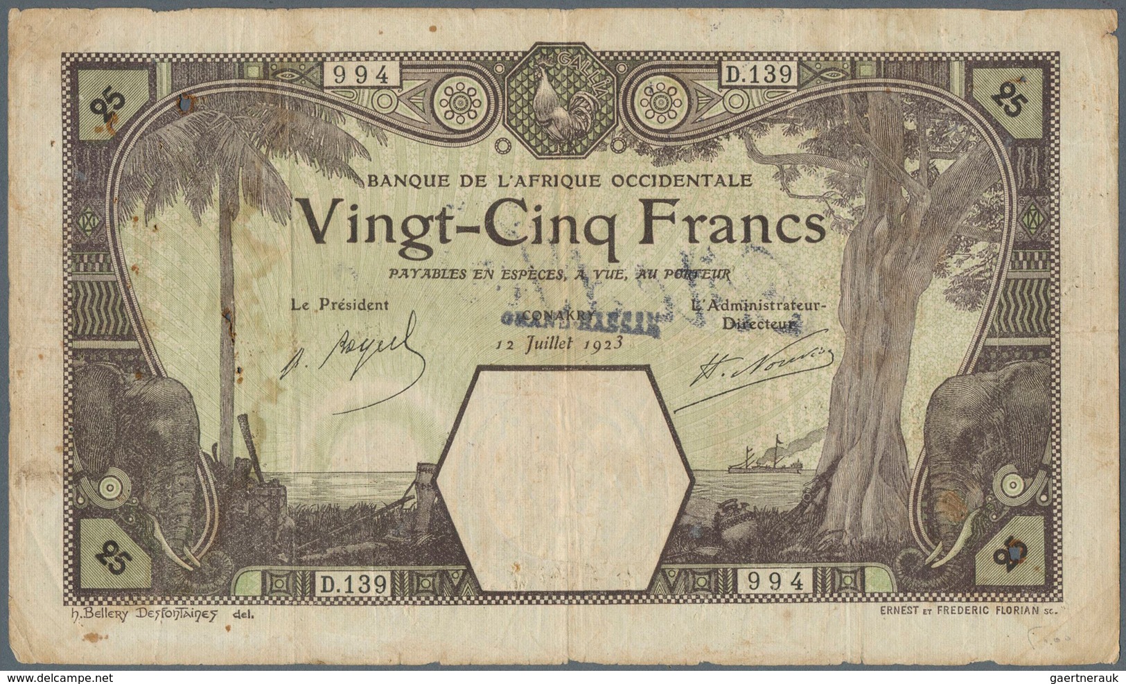 01556 French West Africa / Französisch Westafrika: Rare Issue 25 Francs 1923 DAKAR With Overstamp "GRAND-B - Estados De Africa Occidental